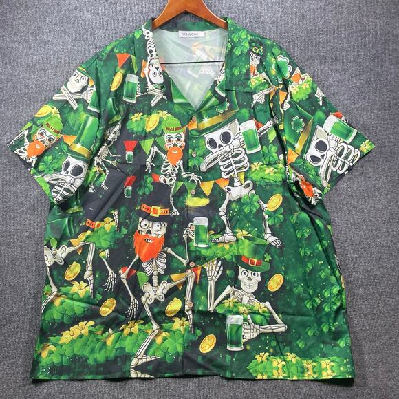 Misslook Button Up St. Patrick's Day Drunken Skeleton Shirt Men's 4XL Green Fun - Picture 1 of 10